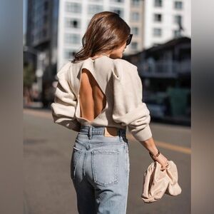 ✨NWT Free People Oatmeal Tan Saffron Open Back Puff Sleeve Sweater Top Medium